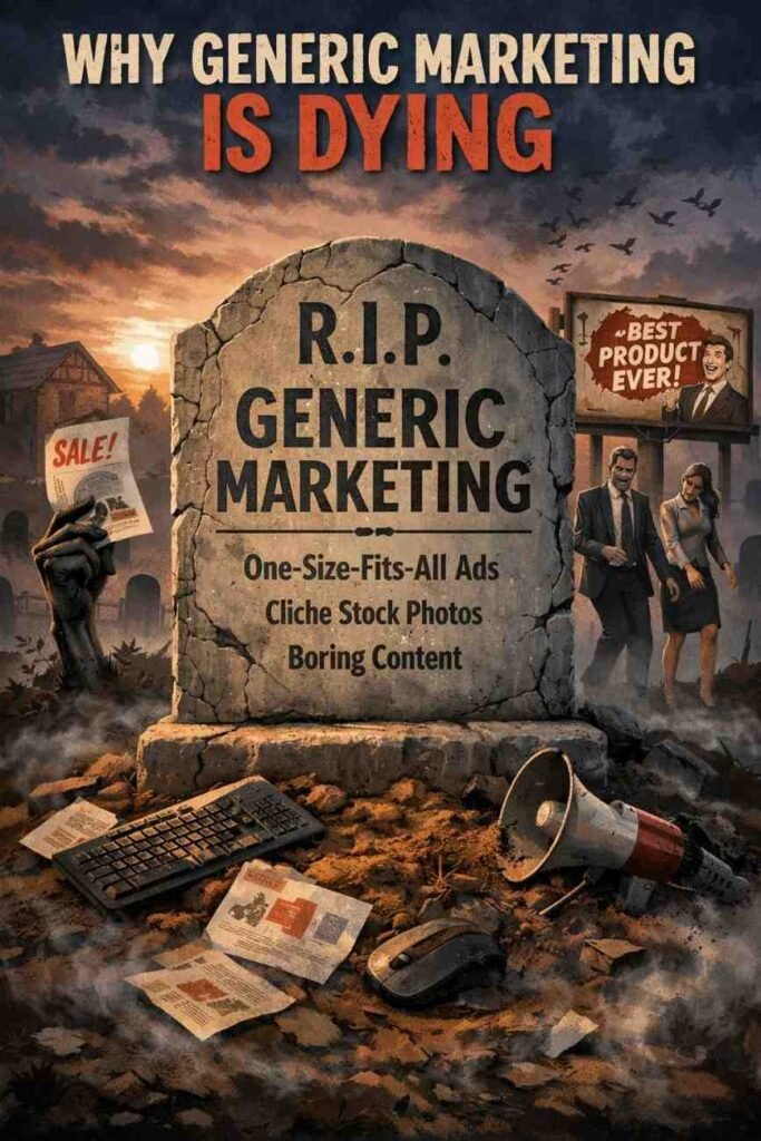 A dramatic illustration symbolizing how generic marketing is dying, shown through a cracked tombstone labeled “R.I.P. Generic Marketing.” The scene features outdated advertising elements like one-size-fits-all ads, cliché stock photos, boring content, scattered flyers, a megaphone, and a broken keyboard. In the background, faded billboards and disengaged businesspeople highlight the decline of traditional, generic marketing approaches in the modern digital era.
