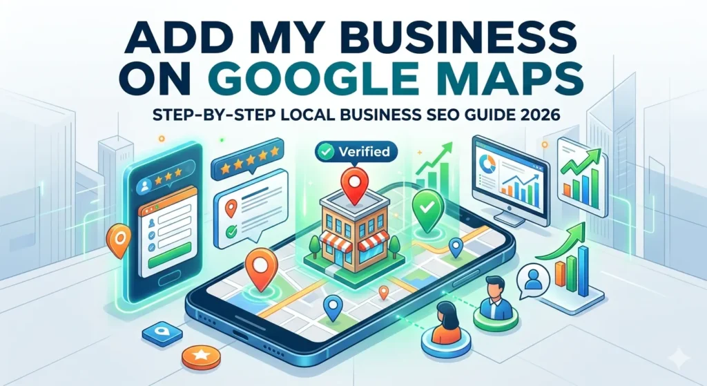 local business seo guide 2026, illustrating the process of adding a business to Google Maps and optimizing it for visibility.